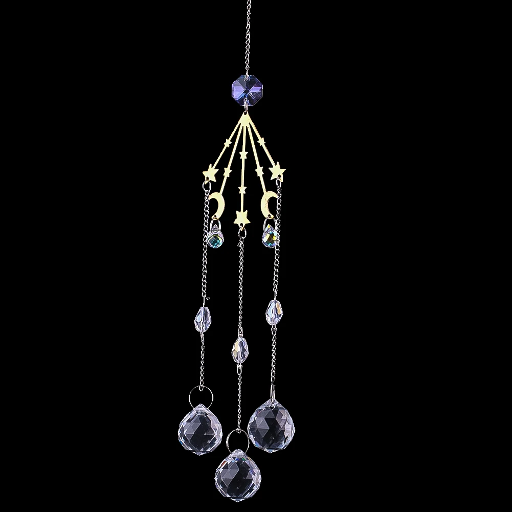 Handmade Crystal String Tassel Pendant in Copper with Star and Moon Embrace Home Eaves Window Outdoor Atmosphere Hanging Decor