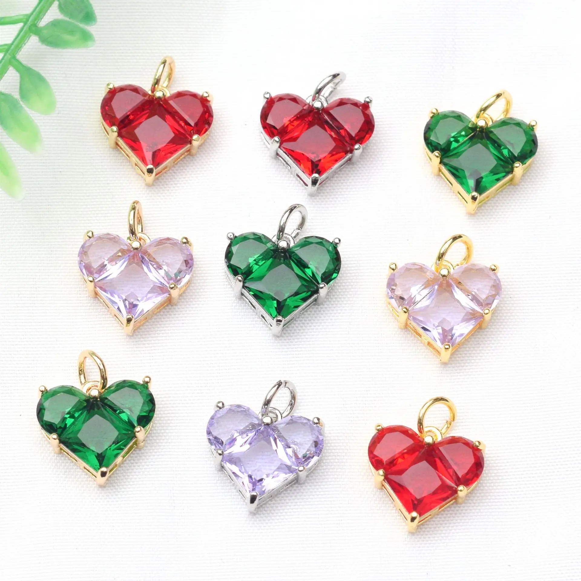 2Pcs Copper Valentine\'s Day Charms Gold Color Heart Multicolour Cubic Zirconia Pendants For DIY Earrings Necklace Jewelry Making