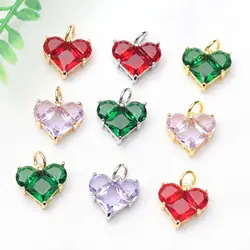 2Pcs Copper Valentine's Day Charms Gold Color Heart Multicolour Cubic Zirconia Pendants For DIY Earrings Necklace Jewelry Making