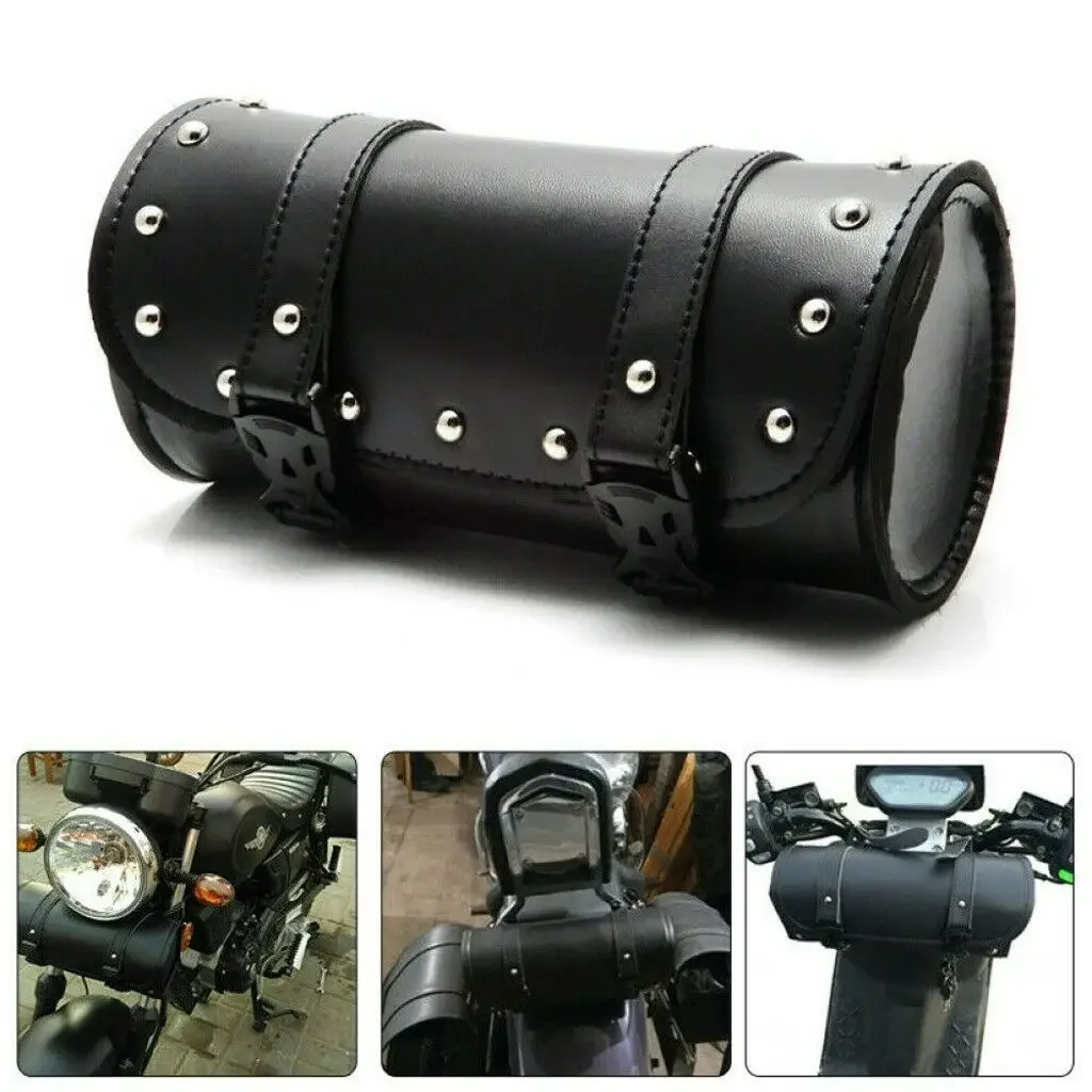 

Motorcycle Front Fork Tool Bag SaddleBag Storage Luggage Handlebar Cruiser Bar Pannier Saddle Bags With Chrome Studs