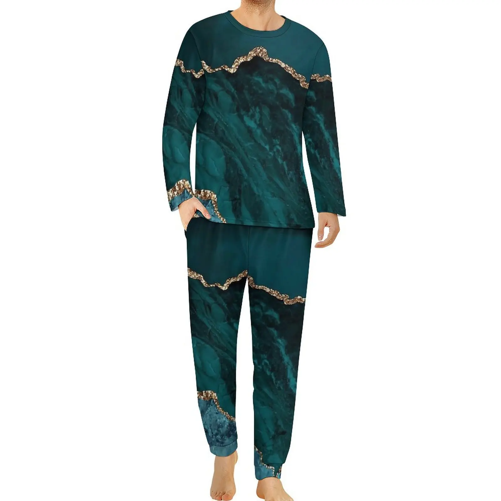 Blue And Teal Marble Print Pajamas Long Sleeve  2 Piece Bedroom Pajama Sets Spring Male Design Cool Oversized Sleepwear