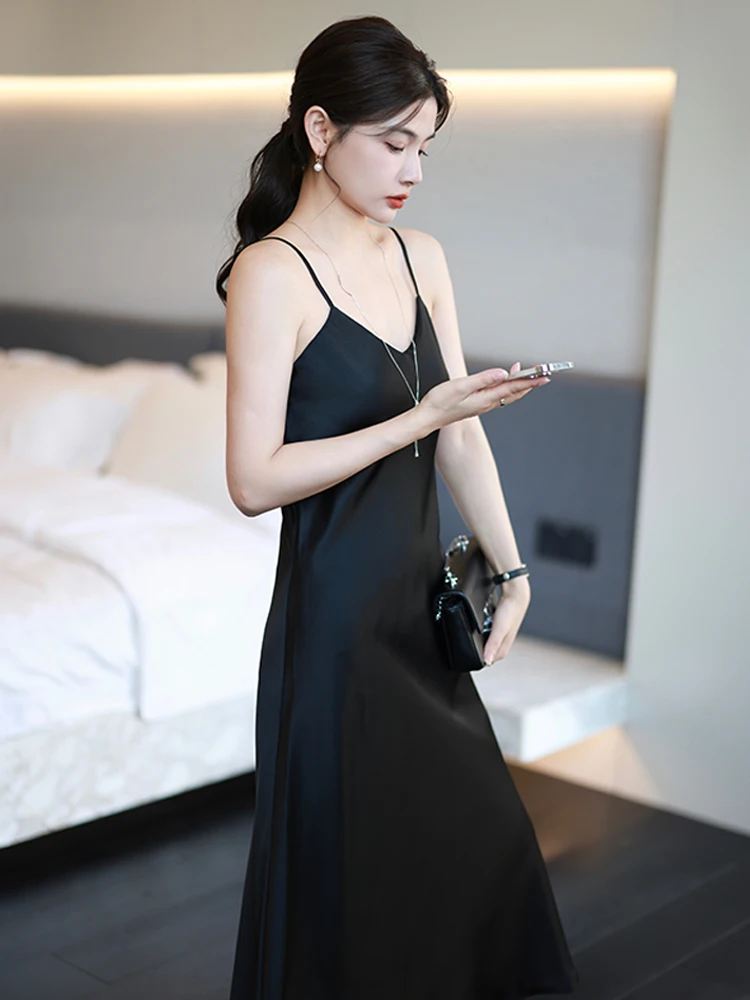 

Ele Satin Svel Long Dr Women's V-ne A-line Gown Bla Summer Slimming Gown Commute Simple Sle Zipper Closure