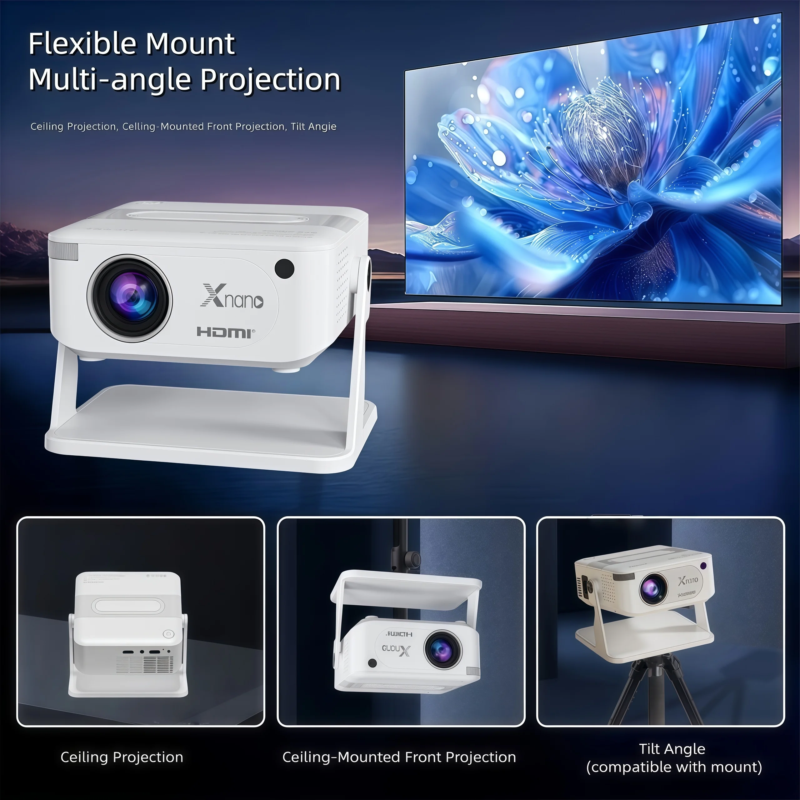 Xnano HA109 Native 720p Projector, 200 ANSI Lumens, Android 11.0, Wi-Fi 6, Bluetooth 5.0, Portable Mini Projector, 4K Decoding, 360° Rotatable Stand, Auto Keystone Correction, Home Theater and Outdoor Movie Projector for the Bedroom