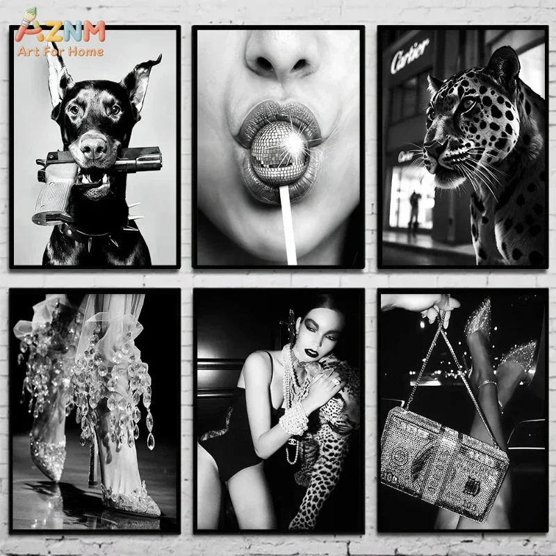 AZNM Black White Glam Fashion Canvas Wall Art Doberman Leopard Disco Lips Sparkly Heel Luxury Trendy Cool Aesthetic Poster Unfra