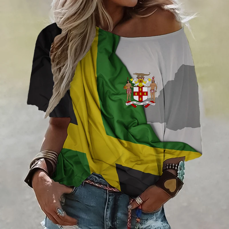 Fashion 3D Jamaica Flag Print Tops Shirt Summer Girl Off Shoulder T Shirt WoMen's Personalized Funny T-shirt