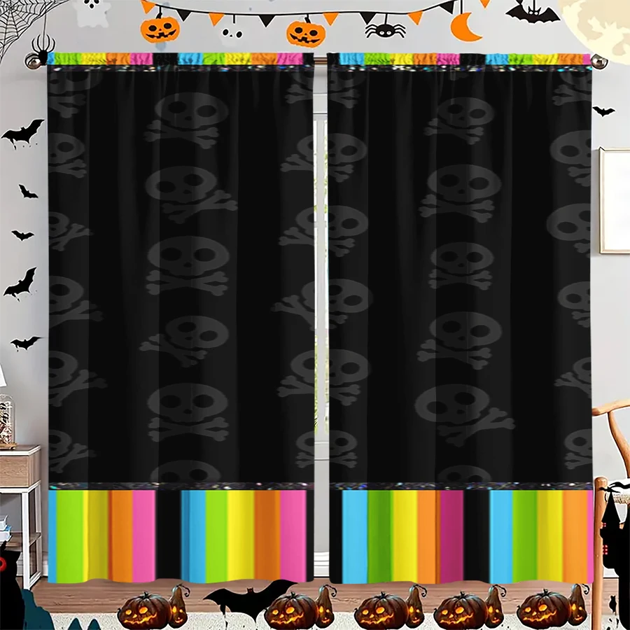 2PCS Digital Print Curtain, Black Skull Pattern Rainbow Stripes, Halloween Colorful Fun Style for Living Room Bedroom Decor