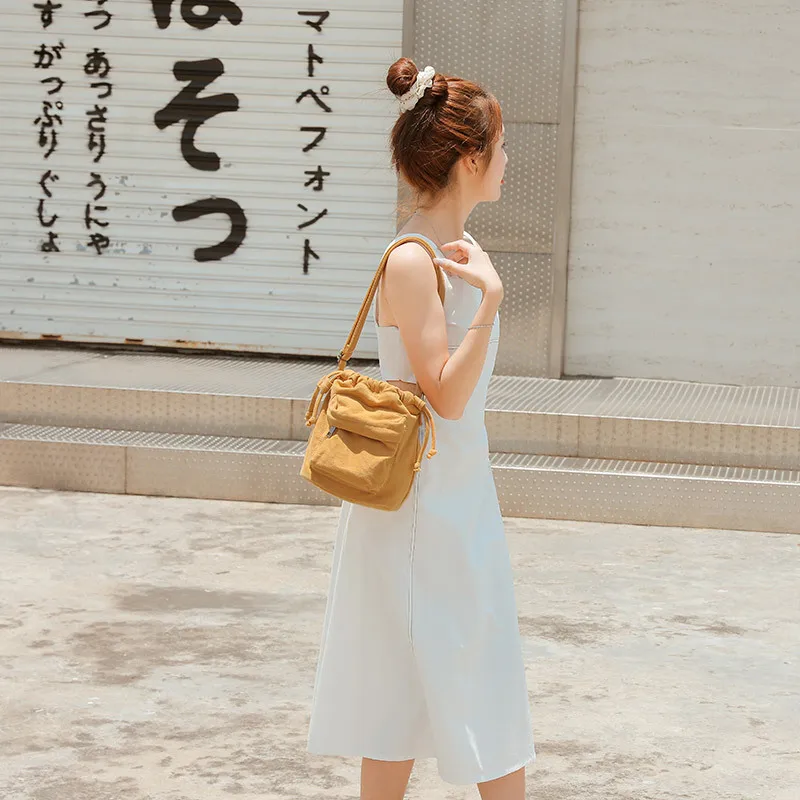 

2025 Vintage Canvas Bucket Bag, Casual Boho Crossbody Purse with Drawstring, Minimalist Solid Color Shoulder Bag for Women