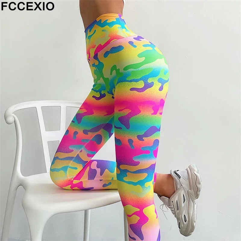 Fccexio camuflagem leopardo imprimir cintura alta leggings de fitness sexy leggings calças de treino de corrida push up gym leggings