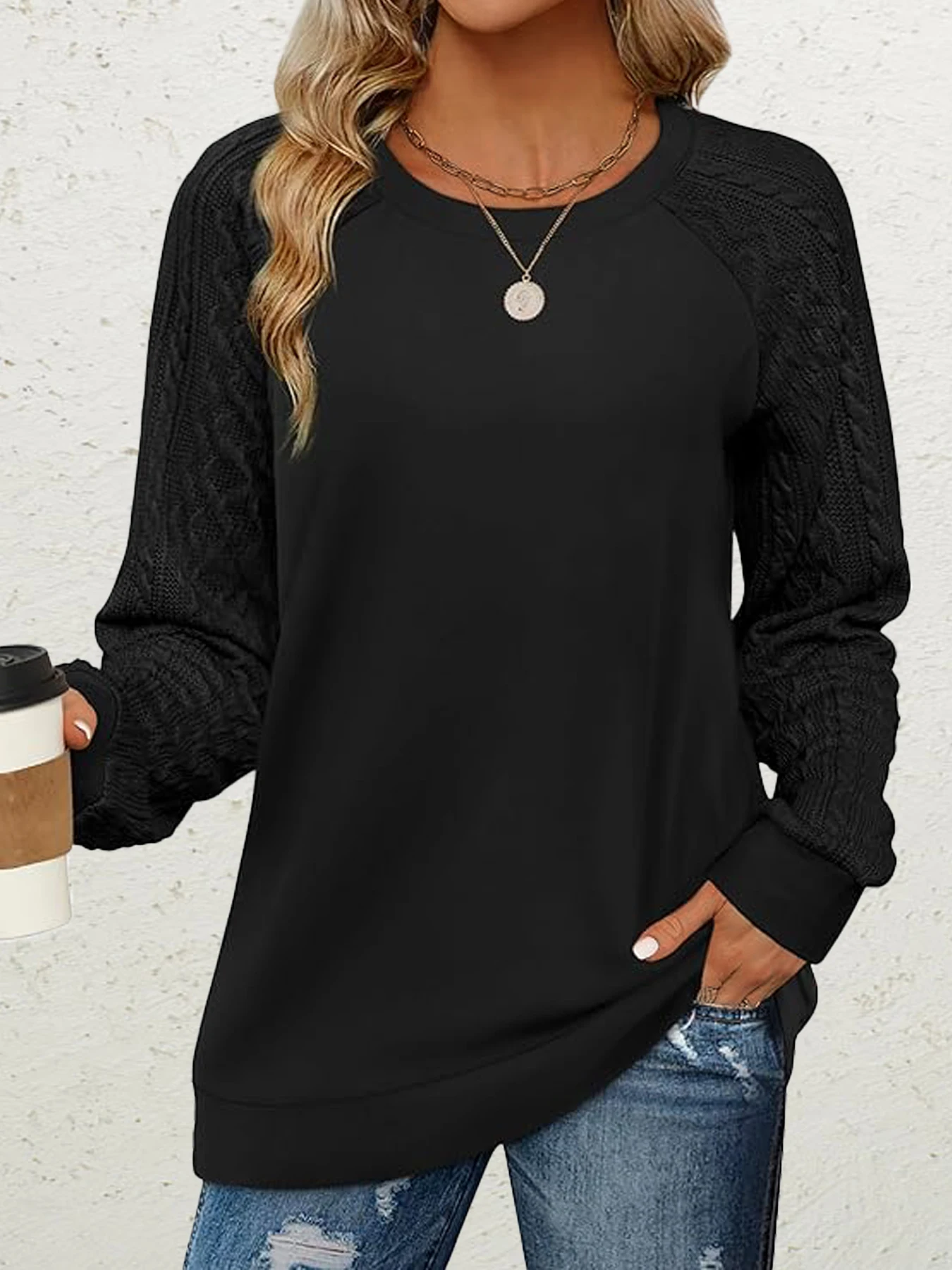 Sweatshirts for Women Crewneck Cable Knit Sleeve Sweaters Casual Fall Tunic Tops