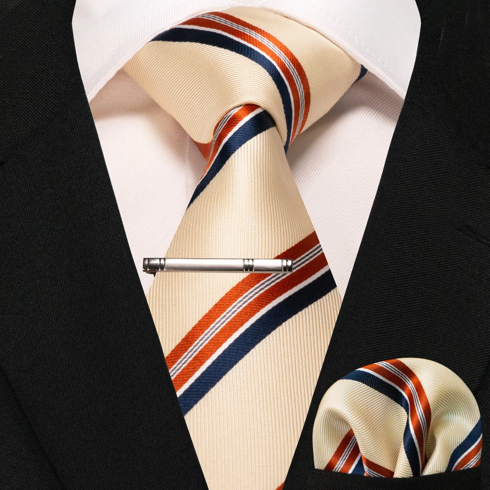 JEMYGINS Business-Krawatte für Herren, Seidenkrawatte in Marineblau, gestreifte Paisley-Krawatte, Einstecktuch, Krawattenklammern, Set für Hochzeit, Party, Geschenk – Detail 3