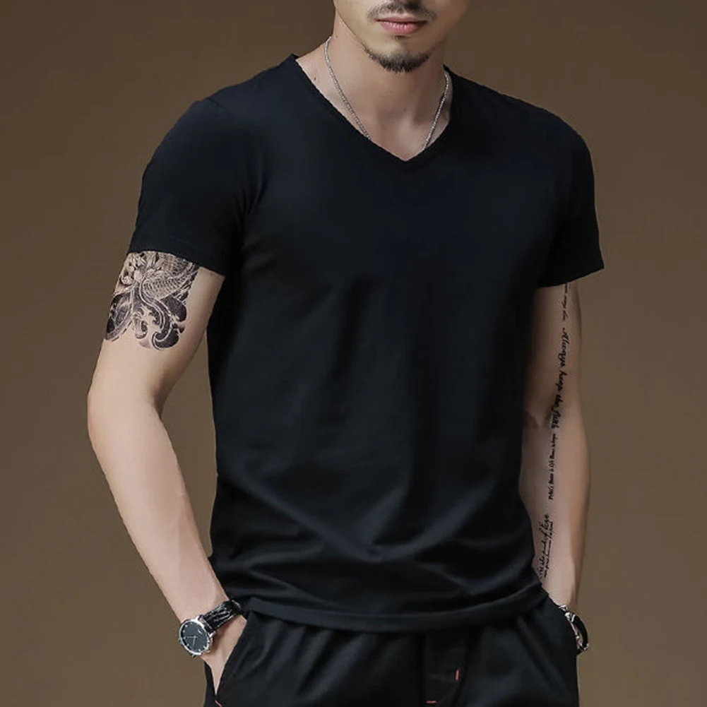 Men's T-shirt Solid V-neck Short Sleeved Top T-shirt Men's T-shirt Black Tight Pants Men's T-shirt Suitable For Men's Wear