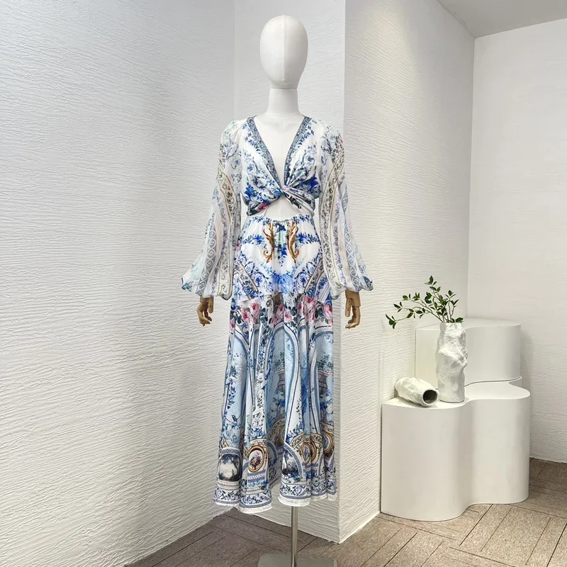 Elegante 2024 New Blue pure silk cut out white floral print lantern sleeve diamonds lace-up women midi dress size corre più grande