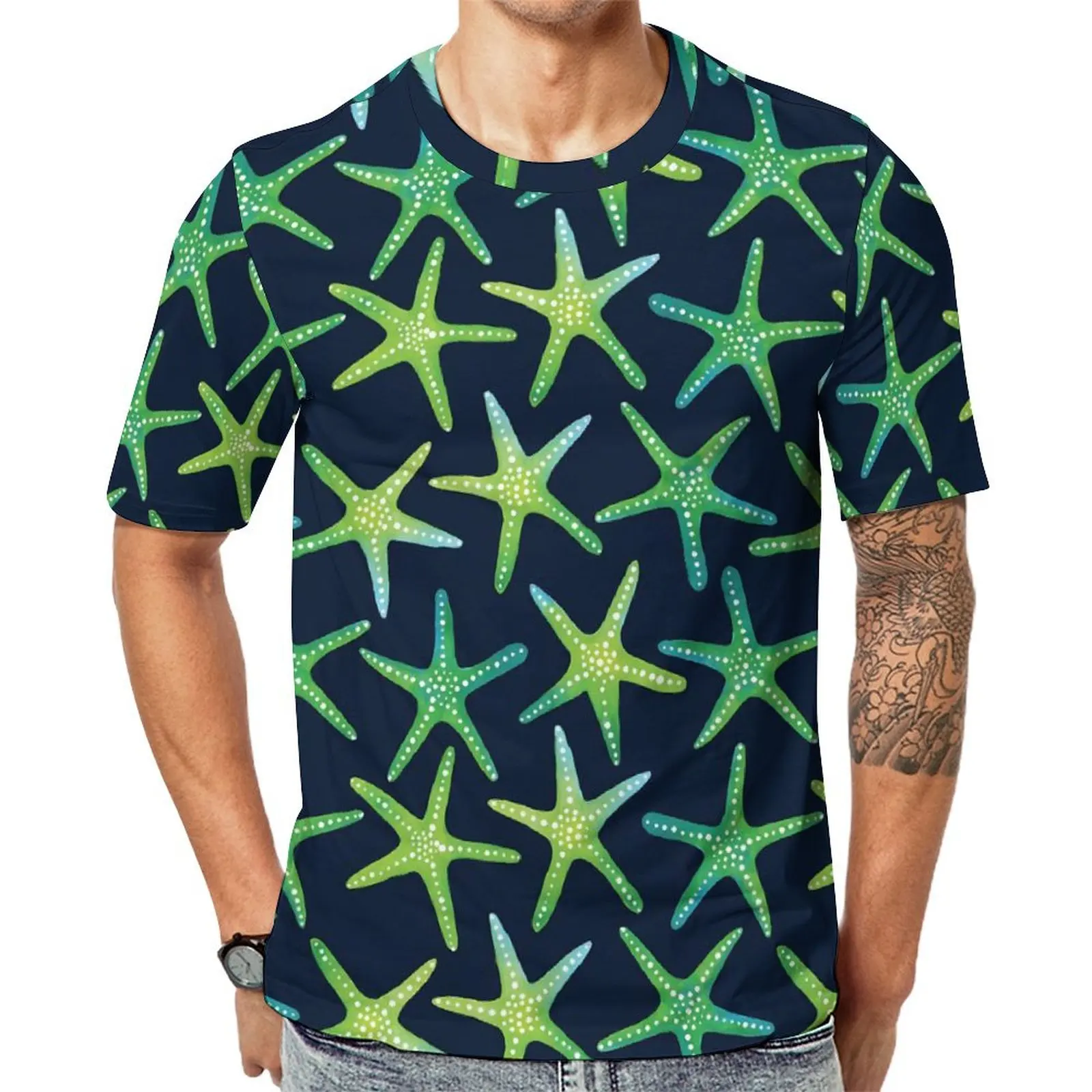 Men Green Starfish T-Shirt Sea Creature Retro T Shirts Short-Sleeve Graphic Tops Cheap Summer Kawaii Big Size Top Tees