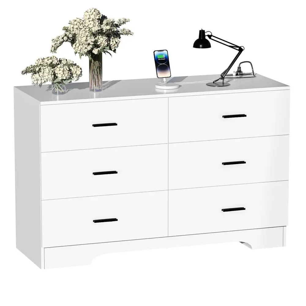 

Комод с 6 деревянными ящиками, USB и Type-C портами, с розетками, для спальни, высокий, белый, органайзер для хранения