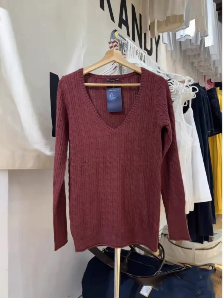 

Vintage Red Twisted Flower Knitted Slim Pullovers Tops Women Winter New Cotton Casual V-neck Sweater Chic Cute Y2K Jumper Tops