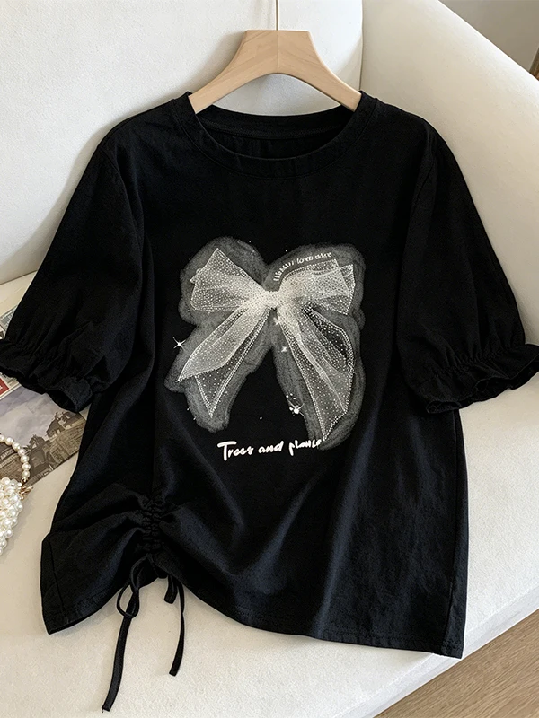 

plus Size Summer Ice Silk Printed Diamond Embedded Loose Slimming Women's Top Fashionable Breathable Korean Style Short Sleev...