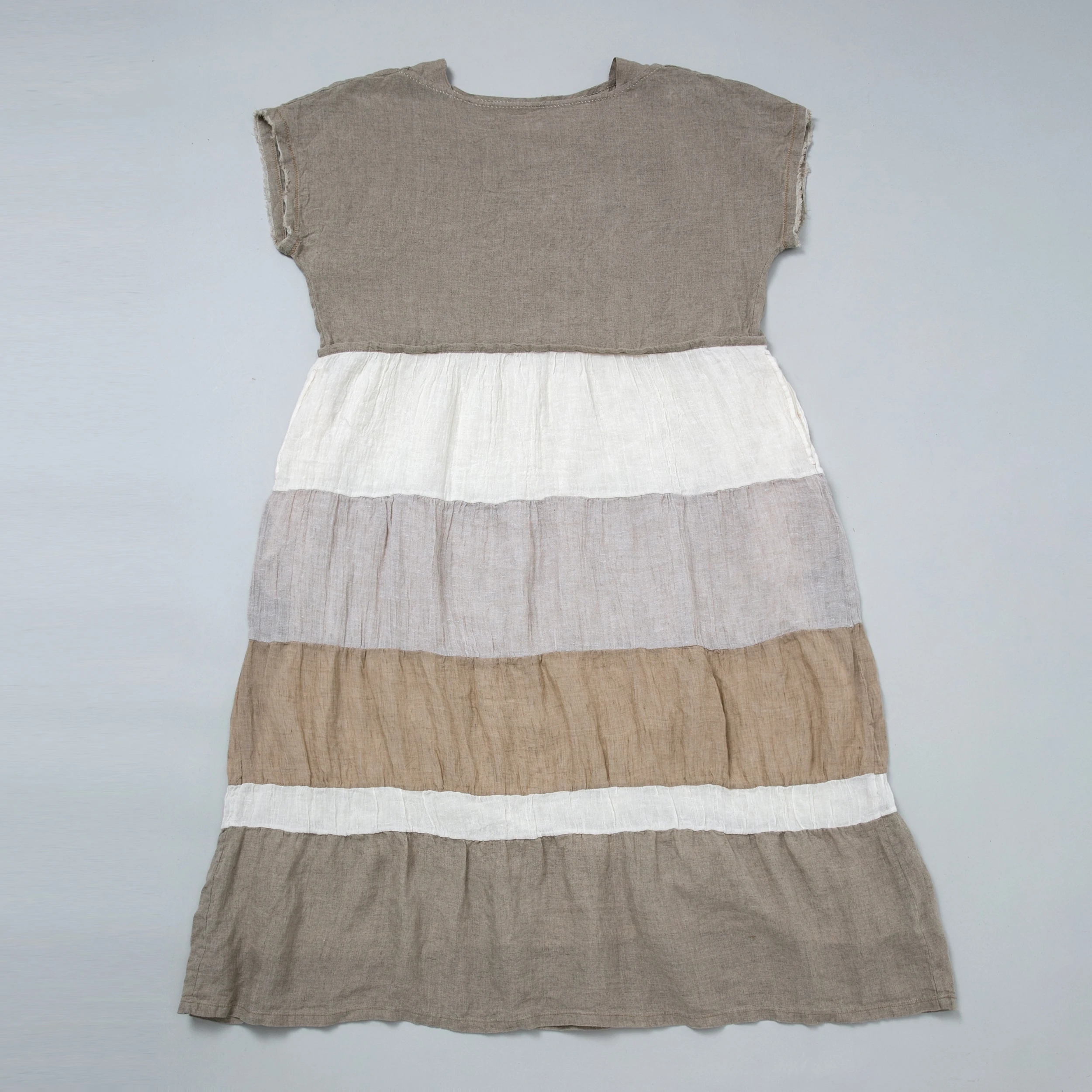 

Loose Linen Stripe Patchwork Multi-layer Dr Ppenpa Home L0396 Artistic Sle l Waist ort Sve U-ne Daily Wear