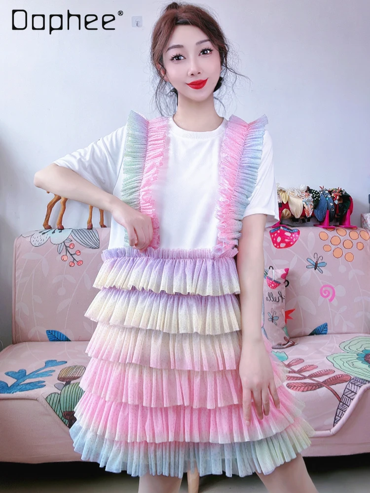 

Colorful Cake Dress for Women 2024 Summer Princess Style Sweet Gradient Color Ruffled Puffy Hem Color Matching Short Dresses