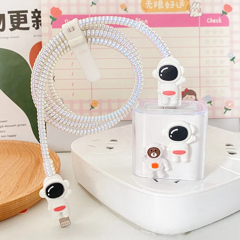 White Astronaut Cable Protector Data Line Spiral Cable Winder Headphone Charger Data Cable Protective Cover Wire Cord Protector