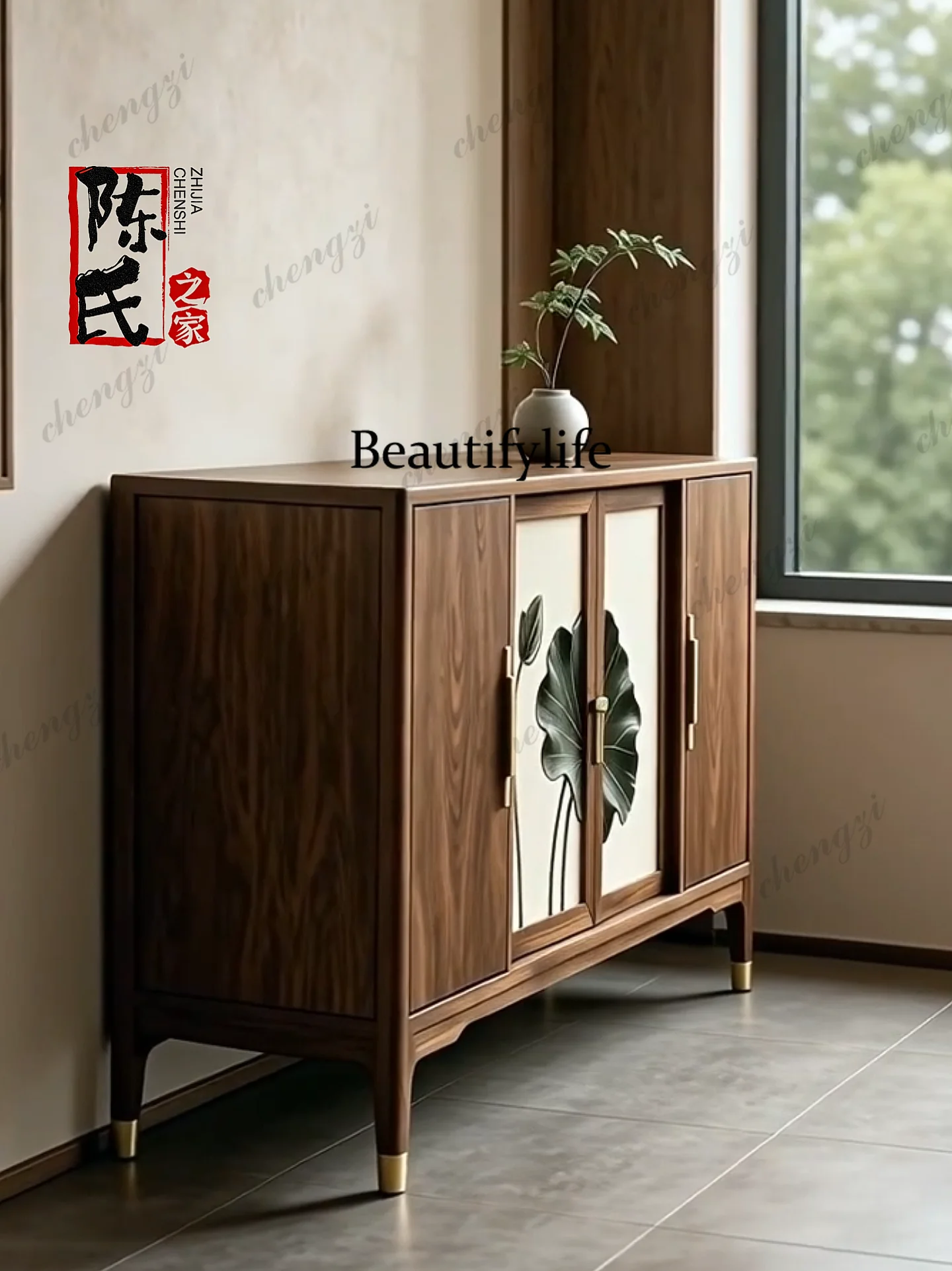 Song-style aesthetic black walnut dining side cabinet, entrance cabinet, lotus painted decorative cabinet