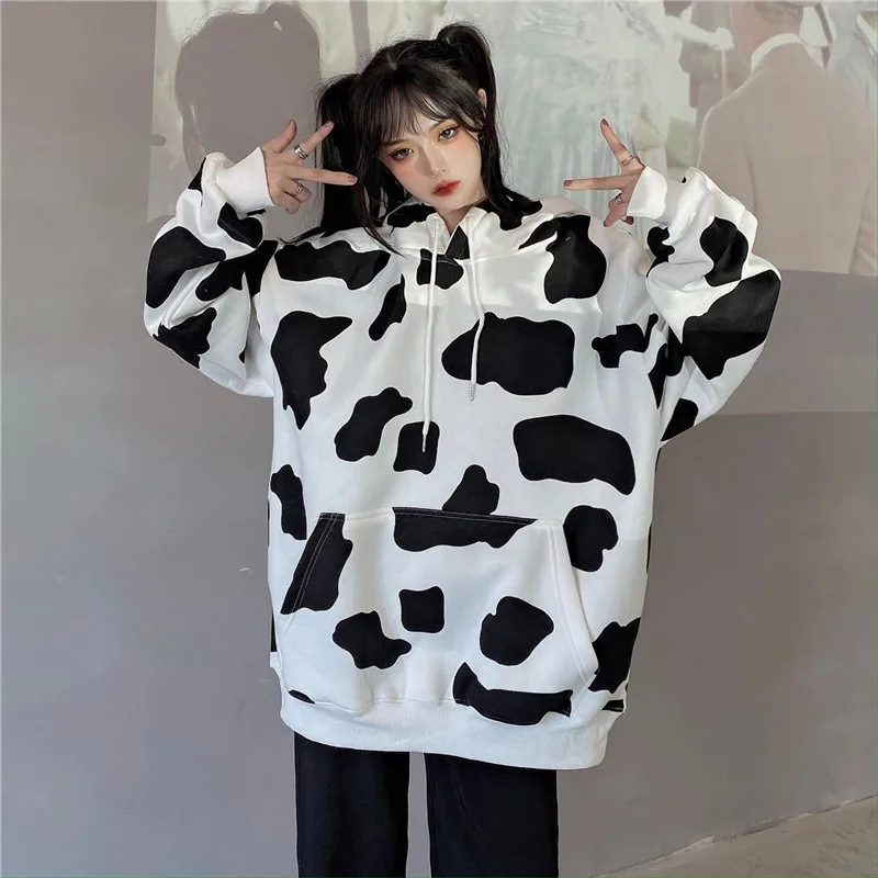 Kawaii Cow Print Sweatshirt Women Japanese Harajuku Cute Milk Embroidered Long Sleeve Hoodie Sweatshirt 2023 Fashion Korean