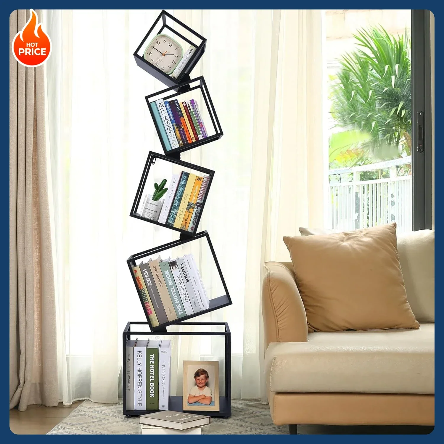 

Новинка! Книжный шкаф, 5-ярусный, геометрический, черный, 67 дюймов в высоту, современный угловой стеллаж, полки для хранения CD-дисков/книг/домашних принадлежностей