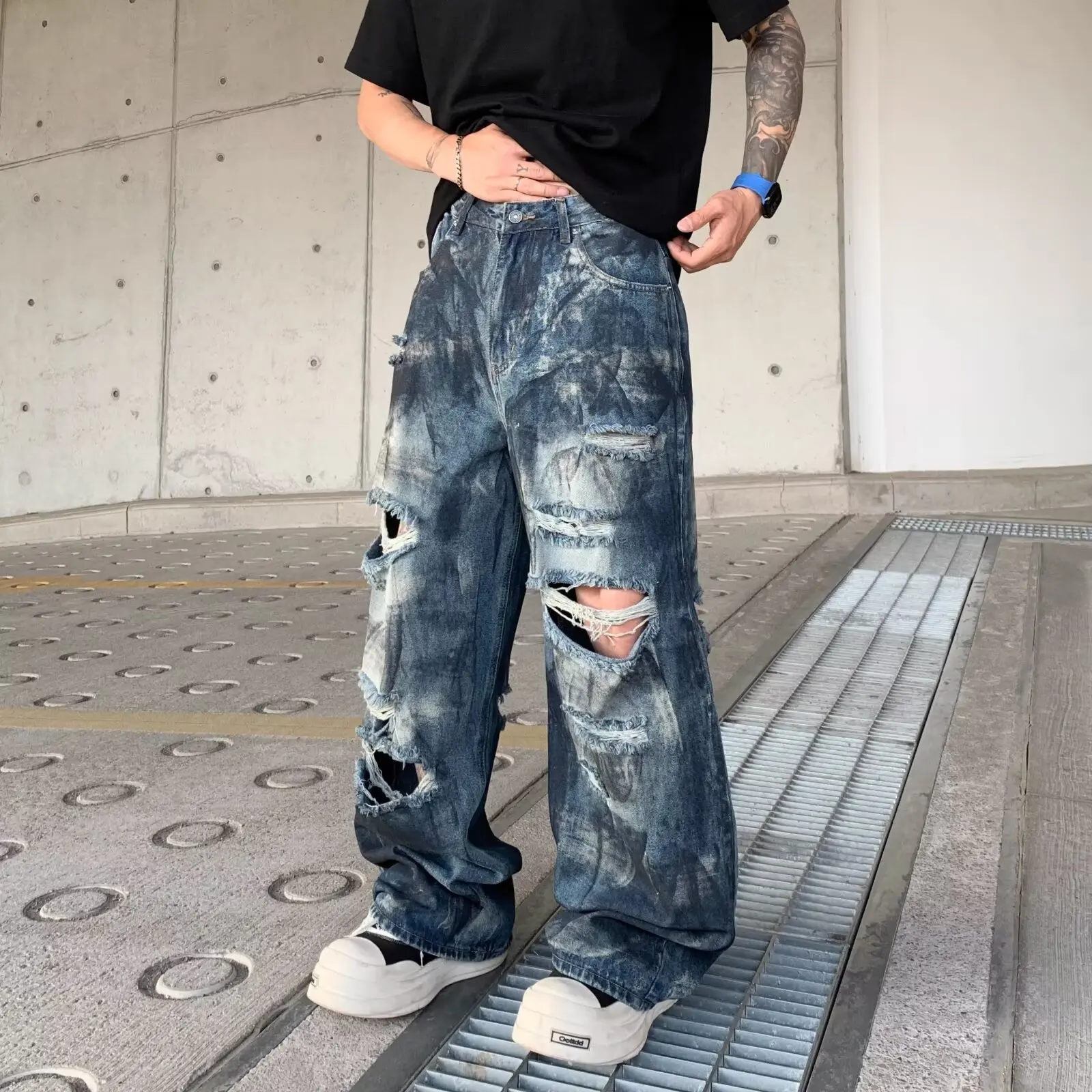 

Women's Blue Tie-Dye Ripped Jeans 2000 Trendy Gothic American Punk Hip-Hop High-Waist Loose Jeans Casual Straight Wide-Leg Pants