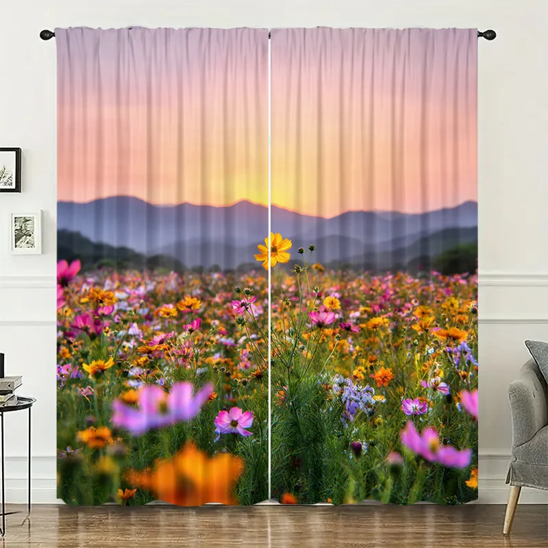 Flower field and mountain landscape curtains, pole-mounted installation. Suitable for living rooms bedrooms, dining rooms hotels