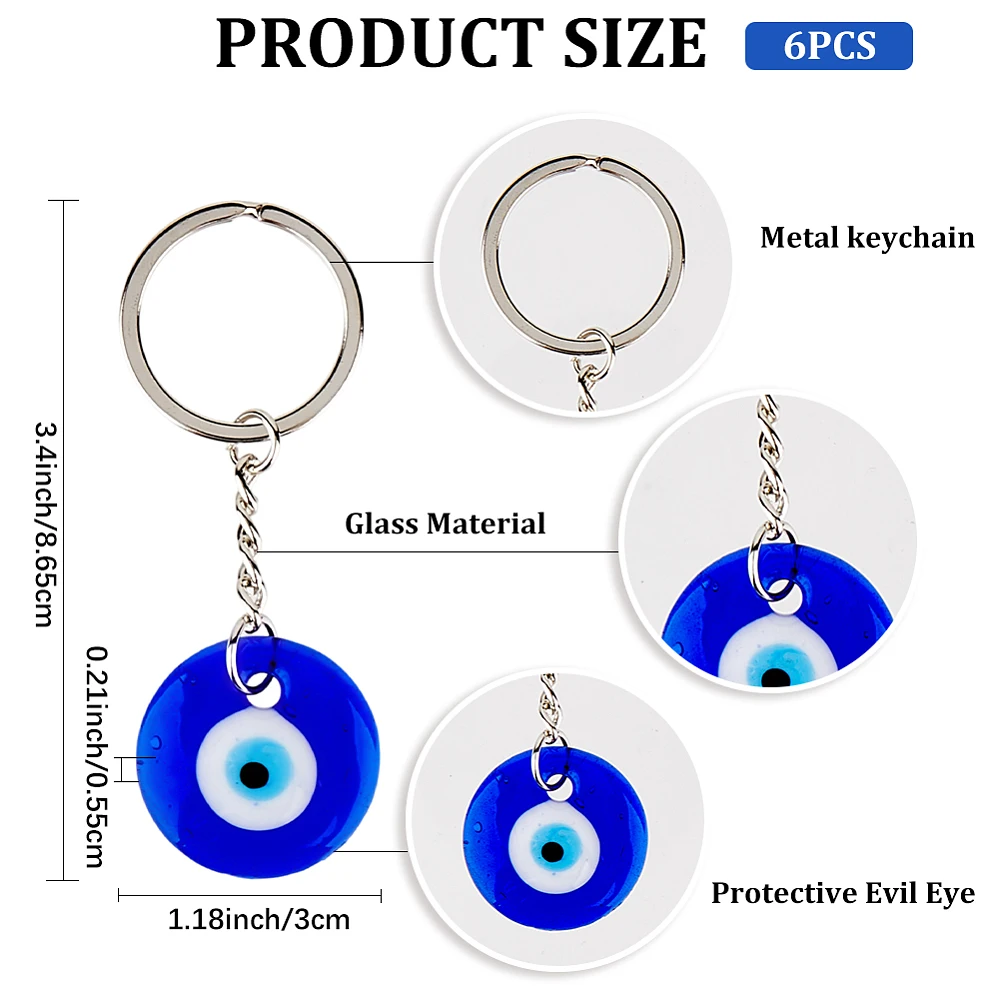 6Pcs Blue Key Chain Decoration with Platinum Key Rings Lucky Alloy Keychain Enamel Hanging Ornament Pendant Charms Keychains