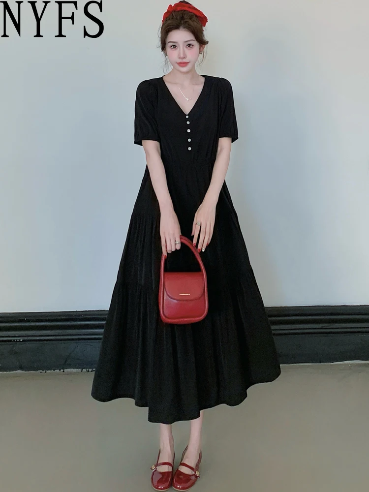 

NYFS 2025 Summer Loose plus Size Woman Dress Korea Style Puff sleeves V-neck Long Dress Robe Elbise
