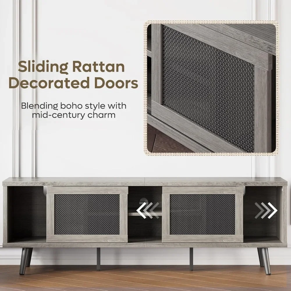 حامل تلفزيون من الروطان لأجهزة التلفاز حتى 75 بوصة وحدة تحكم الوسائط مع أبواب منزلقة ومركز ترفيه مع مساحة تخزين #3