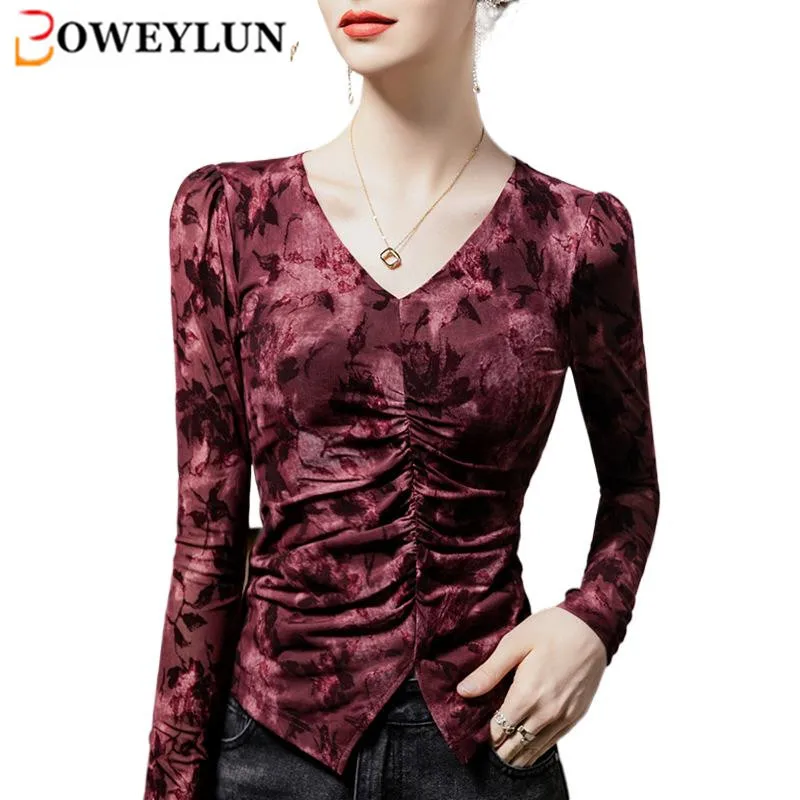 BOWEYLUN Flocking Printed V-Neck Bottoming shirt Women's Autumn Irregular Pleated Splicing Split Long Sleeve Top Female