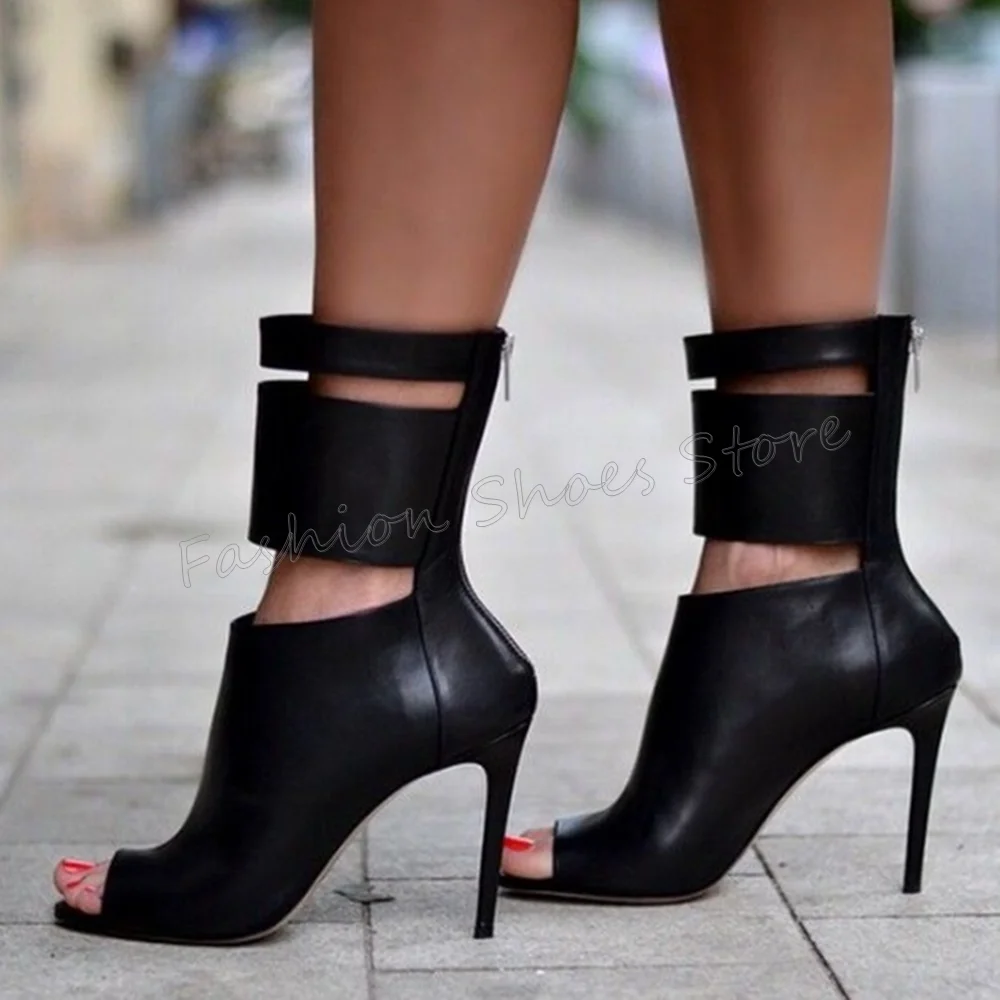 

Black Open Toe Back Zipper Boots Matte Leather Thin High Heels High Heel Shoes for Women Sexy Heels 2025 New Zapatos Para Mujere