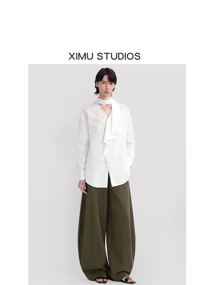 

XIMU Studios Women's V-Neck Blouse Spring Summer Anti-Wrinkle Simple Design Chiffon Shirt Casual Loose Fit Long Sleeve