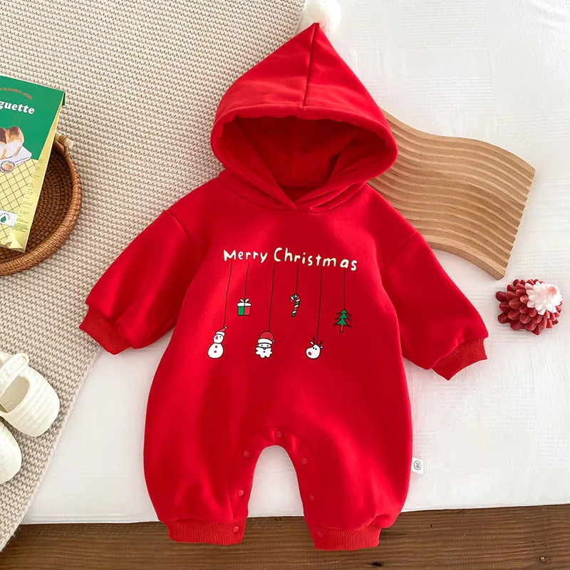 2023 New Christmas Costume Infant Baby Boys Girls Jumpsuit Hooded Cartoon Printing Plush Thicken Romper New Year Kids Clothing