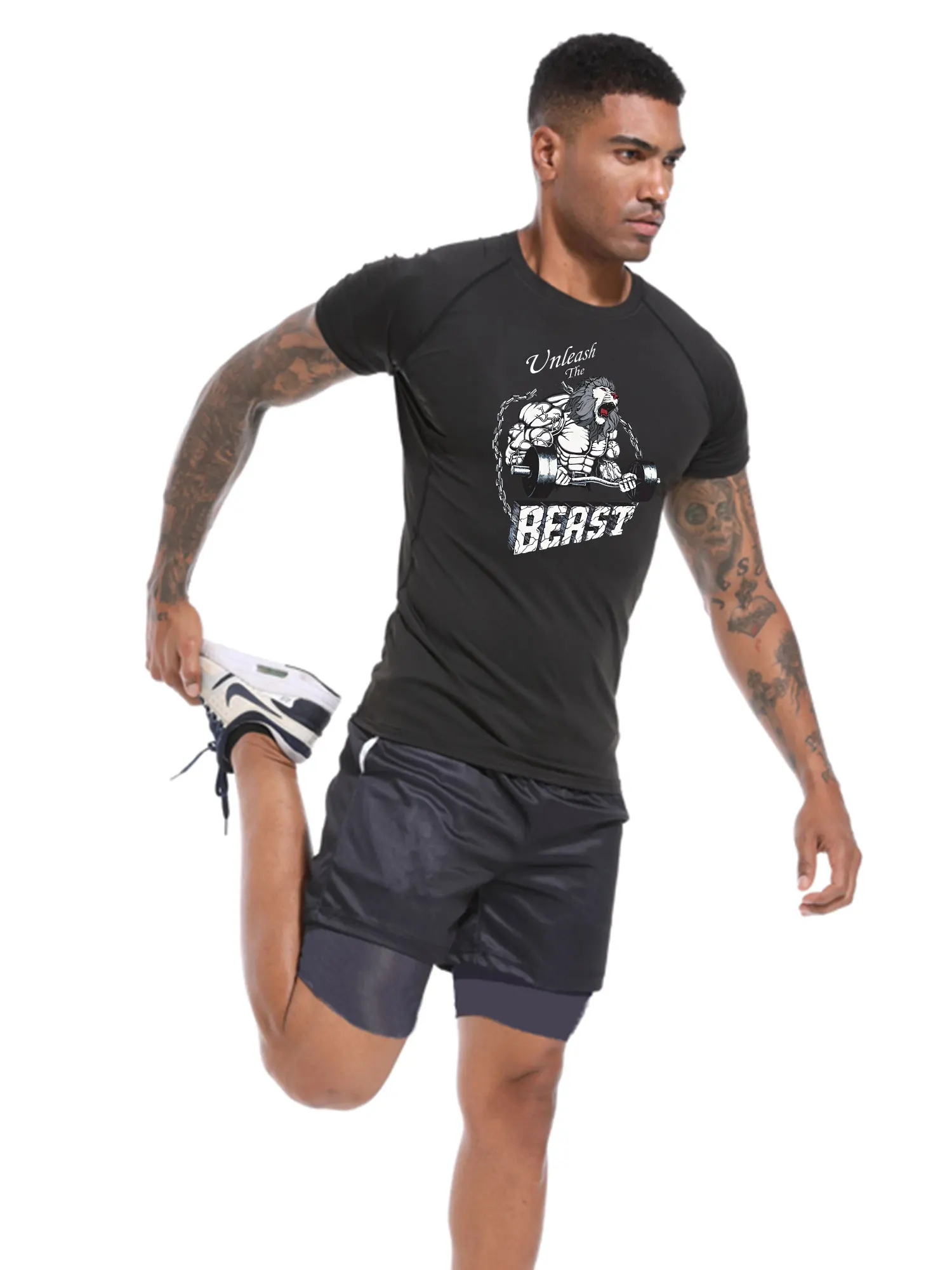 Unleash the Beast Print Compression Running Shirts Men Dry Fit Fitness Gym Men's Rashguard T-shirts fitness short sleeves