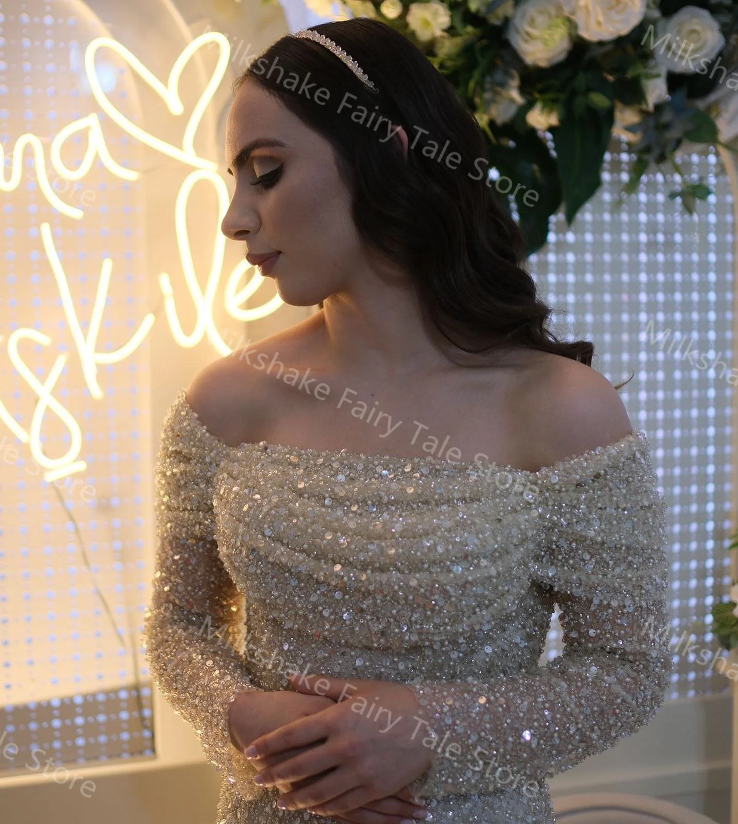 Light Champagne Cocktail Dresses Off Shoulder Glitter Sequins Prom Gowns Long Sleeves Tea Length Engagement Party Dresses