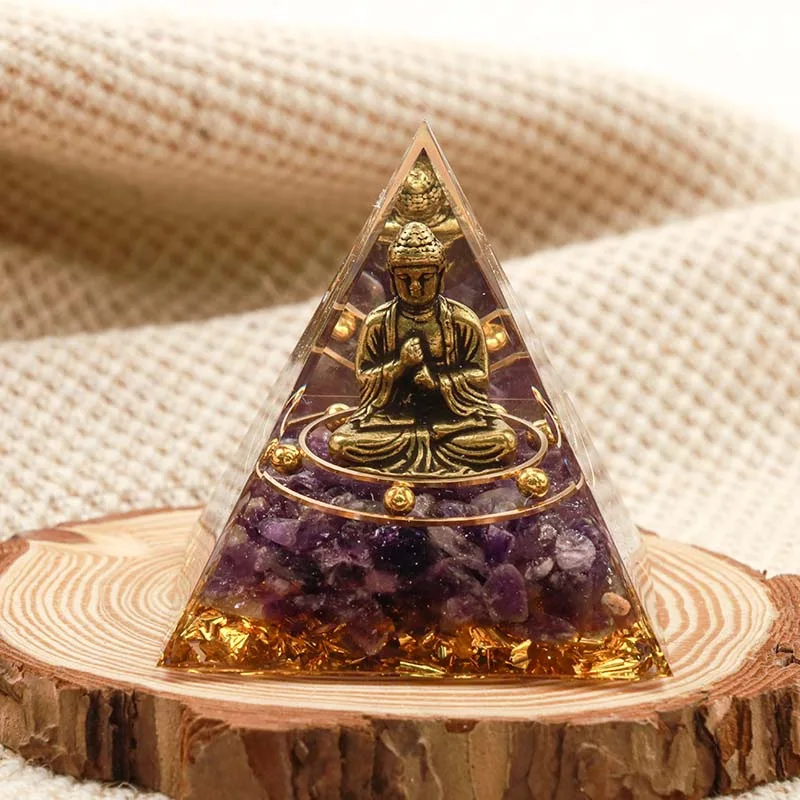 Buddha Statue Pyramid Crystal Gravel Epoxy Resin Home Desktop Handmade Ornament Auspicious Feng Shui