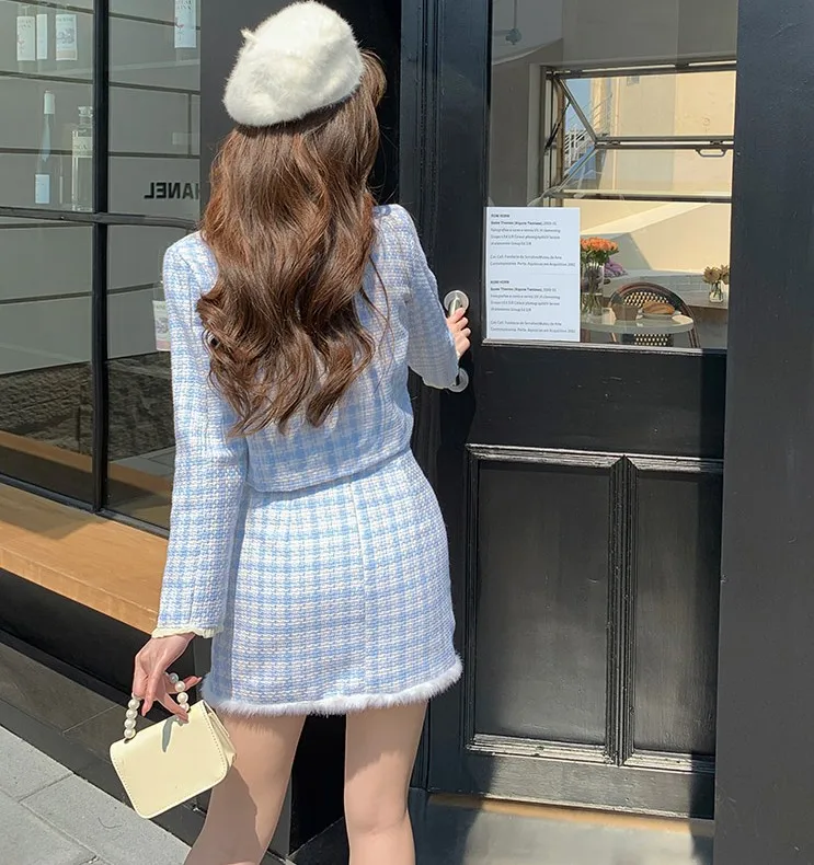 Women Spring Fashion Small Fragrance Elegant 2 Piece Set Blue Plaid Tweed Long Sleeve Short Coat + Bodycon Mini Skirts Suit