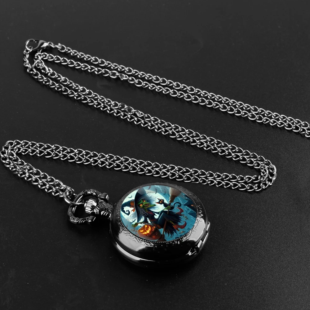 Witch Glass Dome Quartz Pocket Watch para Crianças, Numerais Árabes, Colar, Halloween Celebration Acessório, Presente