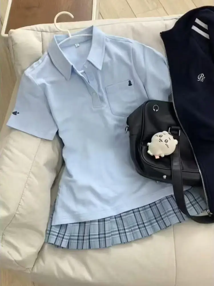 

New Women's Slim Fit irt ort Sve Embroidery Waist Cinched JK orm School Sle T-irt Faionable Work Outfit