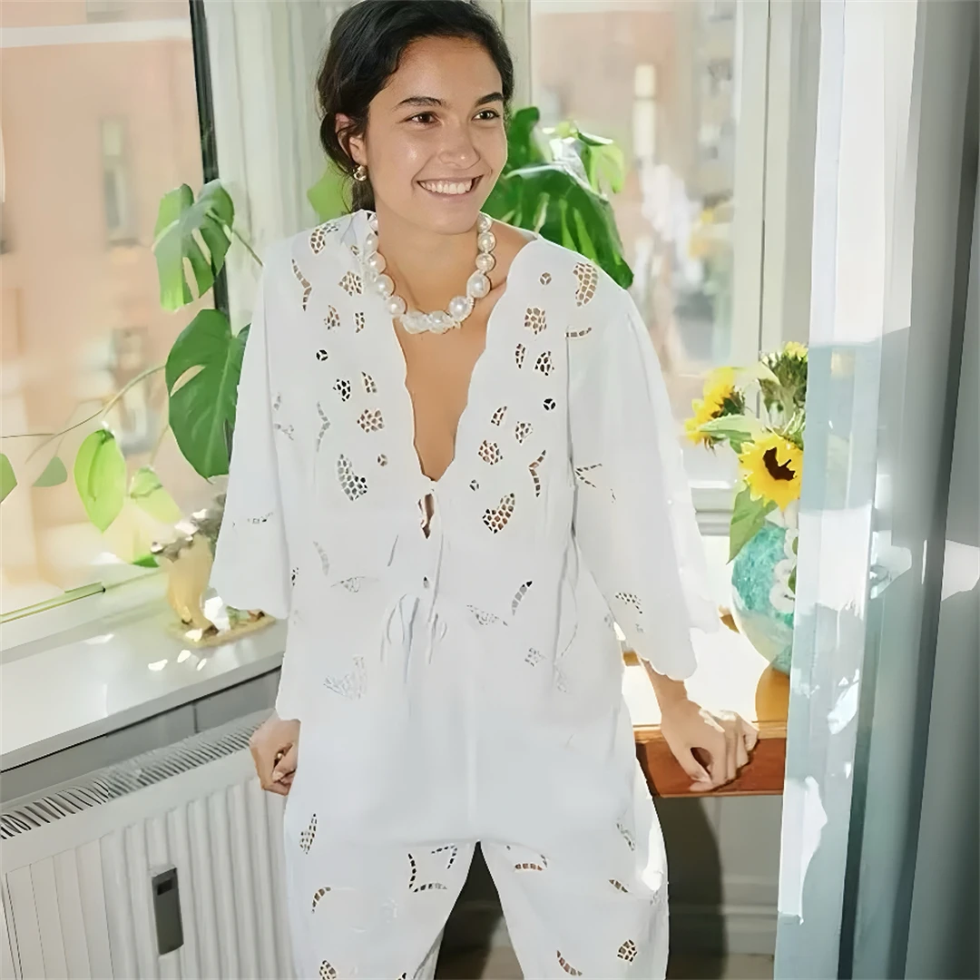 

Siss Embroidered Hollow out Shirt Shorts Set Soft And Comfortable Cotton French Style Loose Fit Spring Collection Women's Fas...