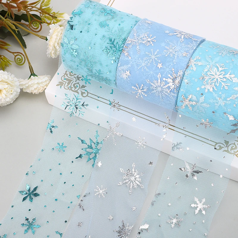 25yards 6cm Flash Printing Silver Snowflake Tulle Ribbon Roll Handmade Hairpin Bow Birthday Party Decoration DIY Process