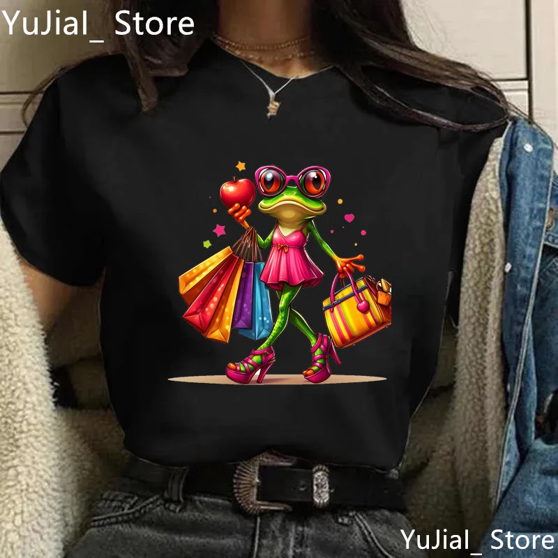 

Fashion Frog Shopping Printed T Shirt Women Clothes 2024 Funny Casual Tshirt Femme Harajuku Shirt Summer Fashion T-Shirt Female
