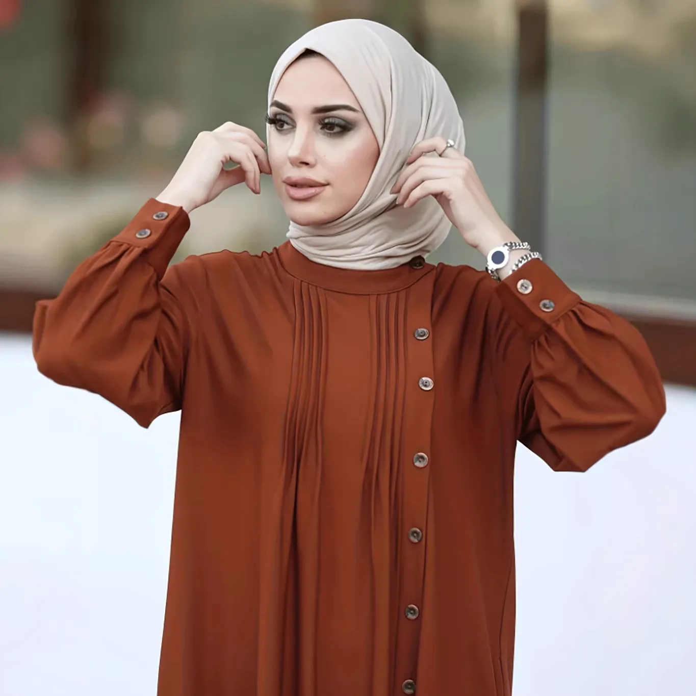 Solid Dress Women Single Breasted Casual Dresses Middle East Muslim Fashion Long Robe Modest Abaya Ramadan Morocco Loose