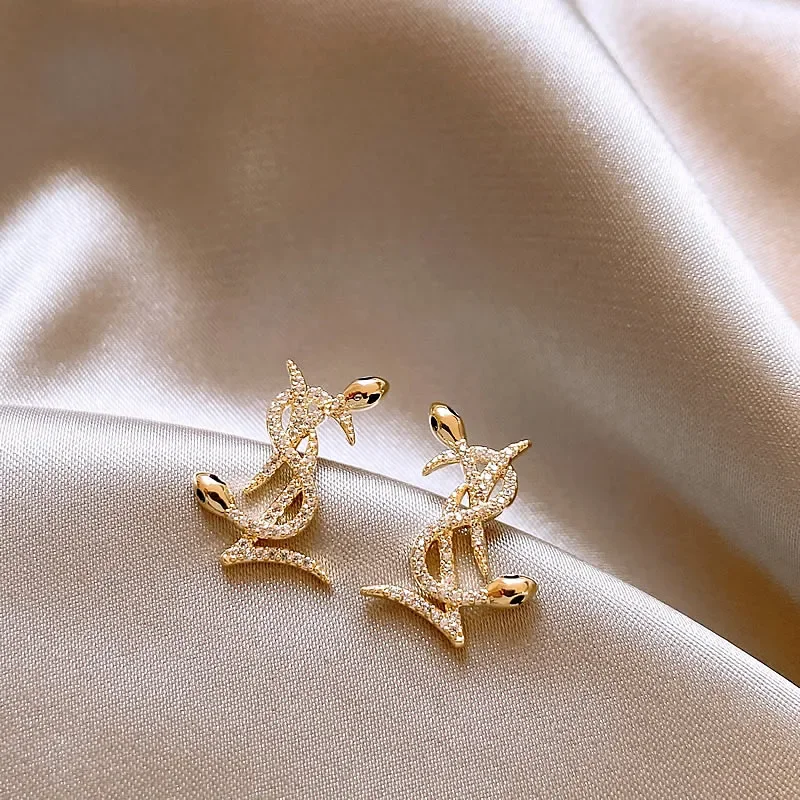 2025 French new design fashion jewelry 14K gold plated zircon letter snake earrings elegant women's daily work accessories