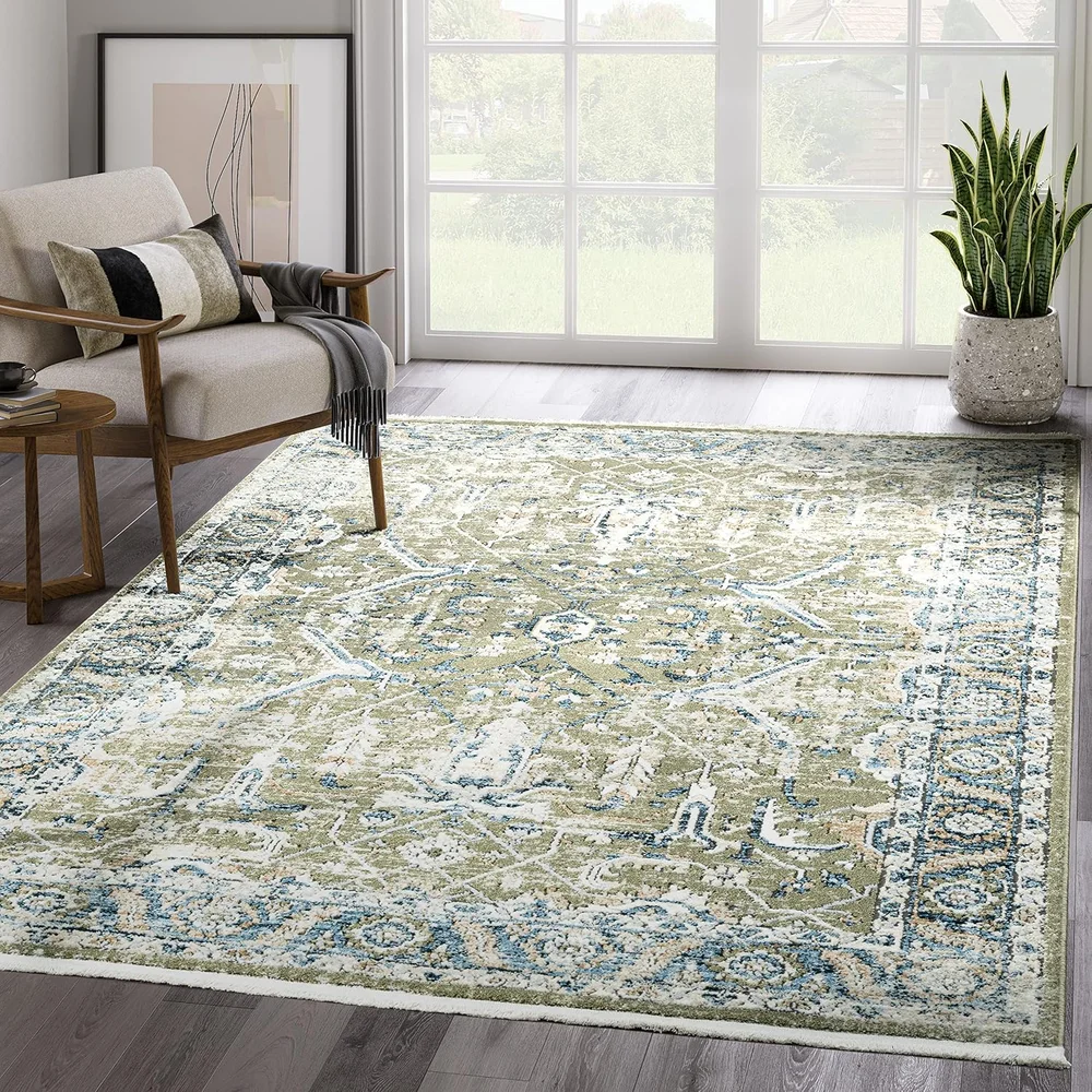 Large 8x10 Blue Green Vintage Intricate Pattern Area Rug Non Shedding Medium Pile Carpet for Bedroom Office Home Decor
