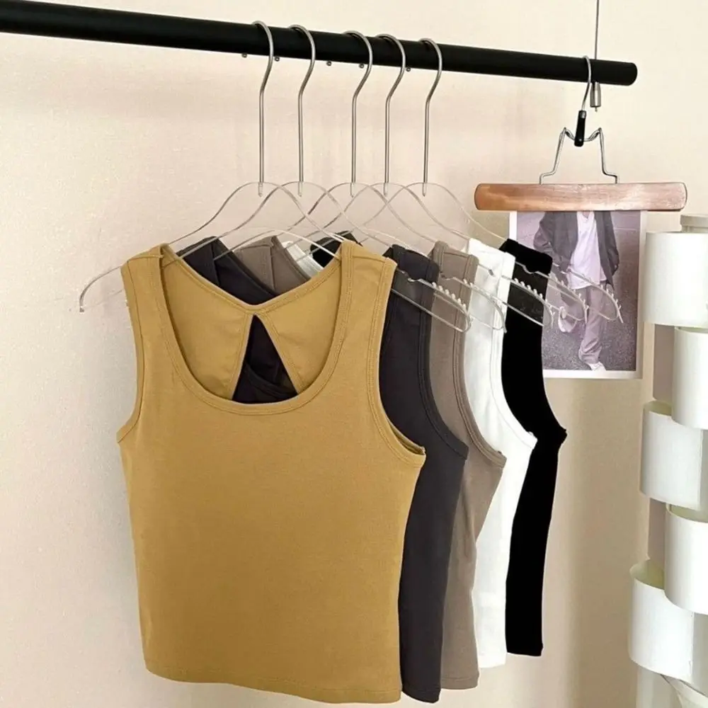 Hollow Out Backless Women Tank Top No Steel Ring Built In Chest Pad Sports Vest Wide Shoulder Soft Cotton Casual Top