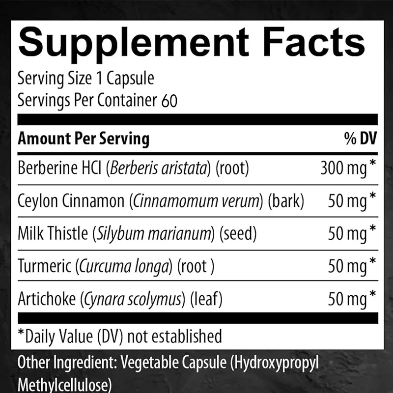 5-in-1 Berberine Hydrochloride, Containing Ceylon Cinnamon, Milk Thistle, Turmeric, and Korean Thistle -60 Capsules