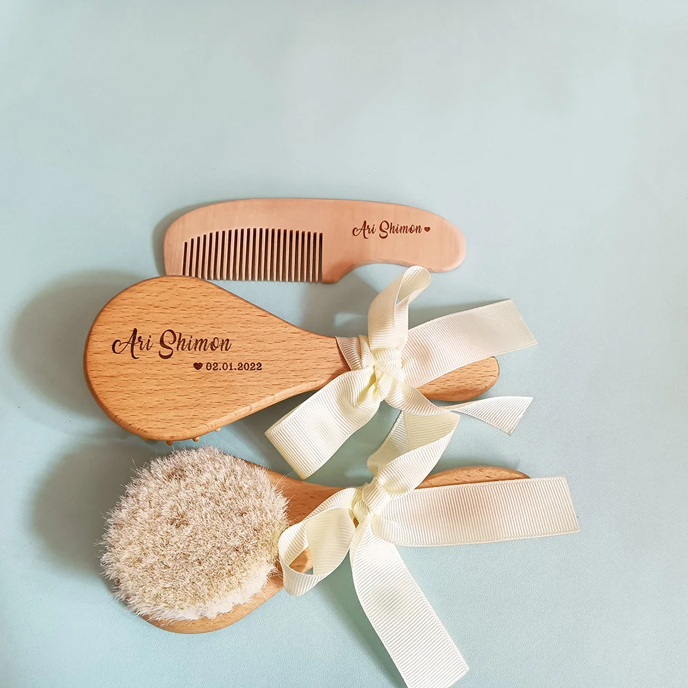 Baby Bathing Comb with Custom Name, Baby Care Hair Brush, Pure Natural Wool, Newborn Massager, Baby Shower and Guests Gift